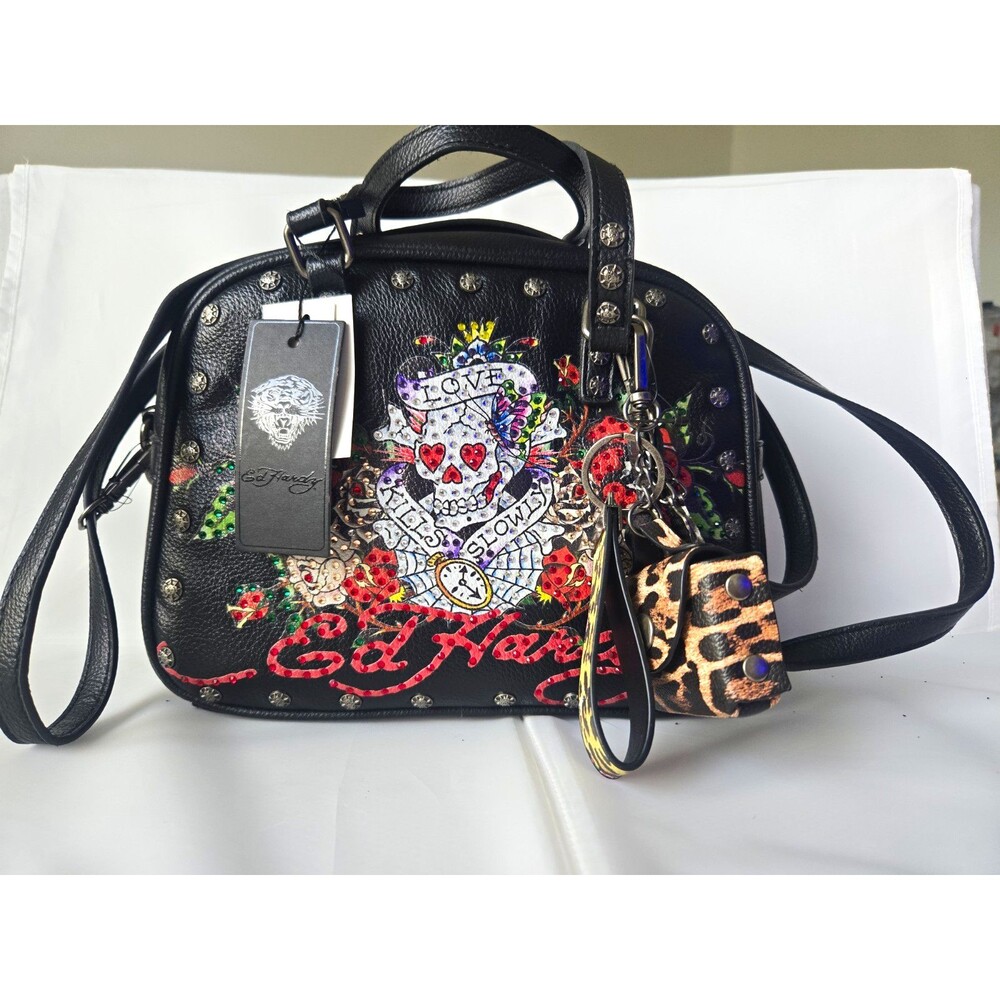 Ed Hardy Small Skull Satchel Top Handle Rhinestone Stud Zip Bag w/ Key Chain